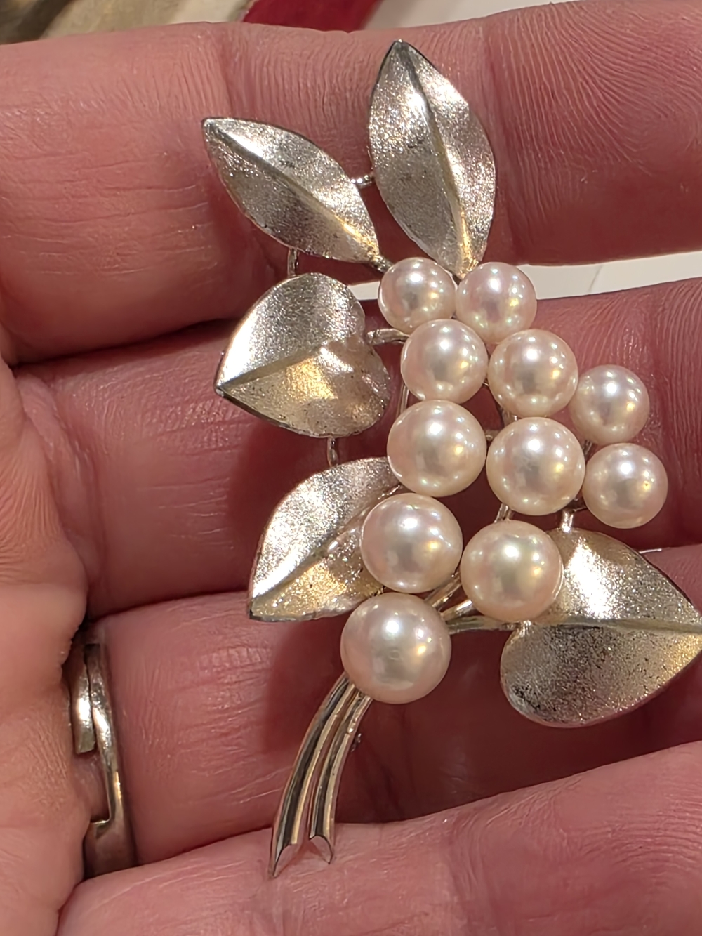 Vintage Brushed Leaf Mid-Century Akoya Pearl Brooch-Marked STERLING